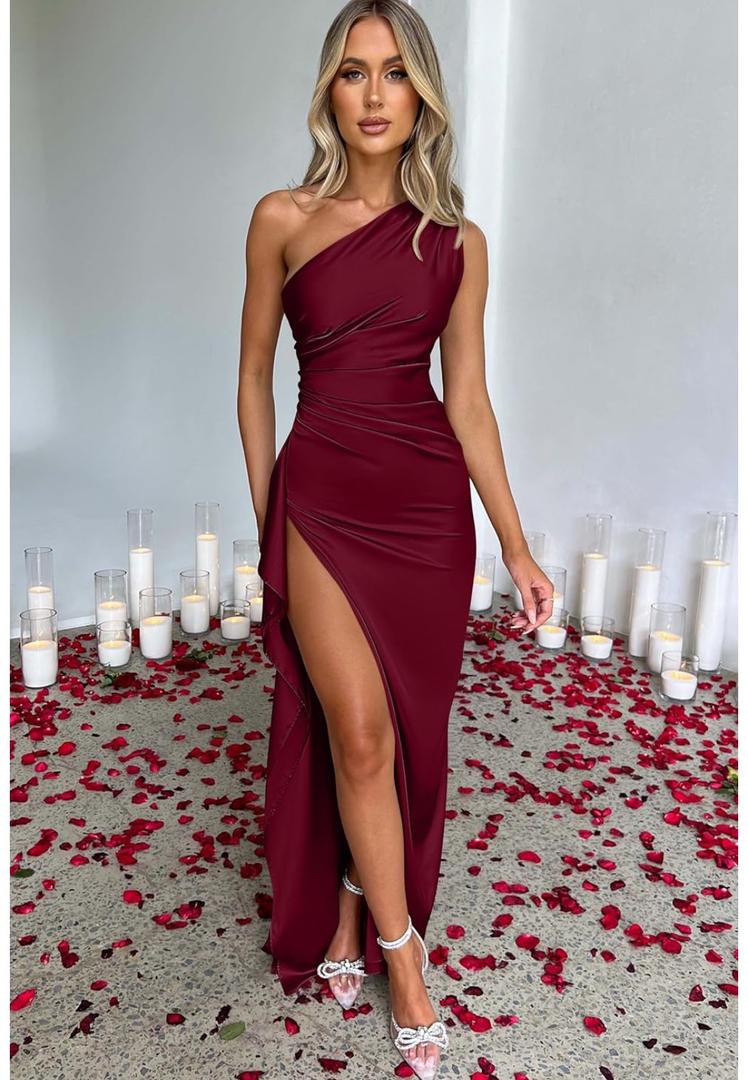 Memoriesea Women's Sexy One Shoulder High Split Cocktail Wedding Party Maxi Dress, M