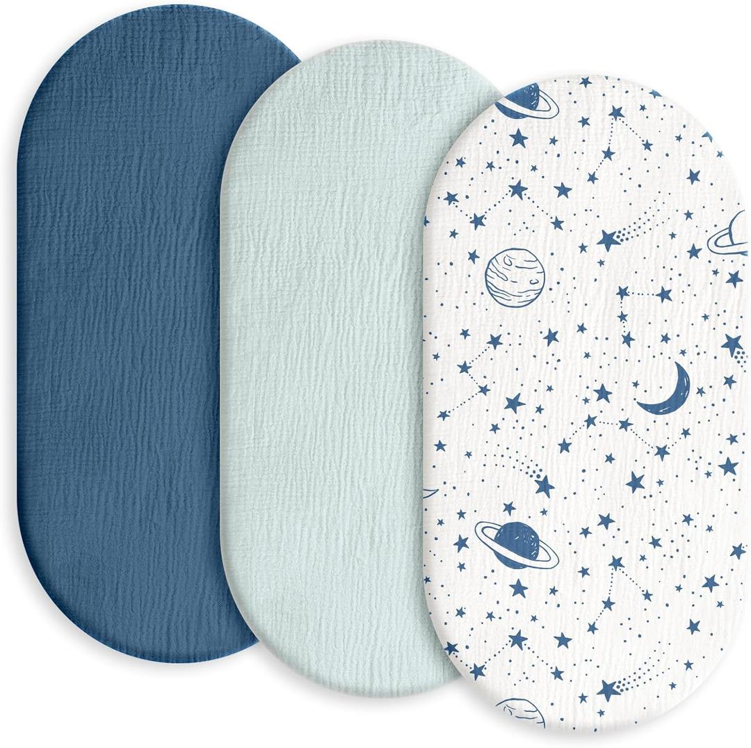 Gllquen Baby Muslin Bassinet Sheets 3 Pack, Breathable Elastic Cozy Fitted Cotton Bassinet Mattress Sheet for Baby Boy Girls, Fit for Hourglass Oval Rectangular Cradle Pad Sheets 33"X17" (Blue)