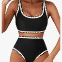 Herseas Women's Bikini Sets Floral Print Whip Stitch 2 Piece Swimsuits High Waisted Scoop Bathing Suits Black white L