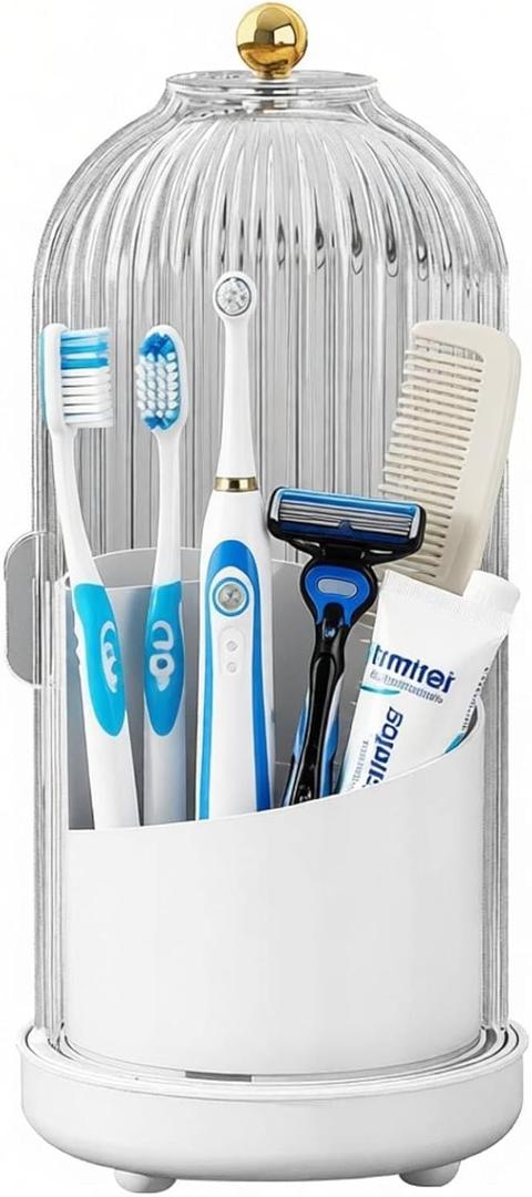 JEESA Toothbrush Holder Organizer, with Drainage Holes, with Dustproof Cover, 360 Rotating, 3 Slots, for Bathroom Countertop, White