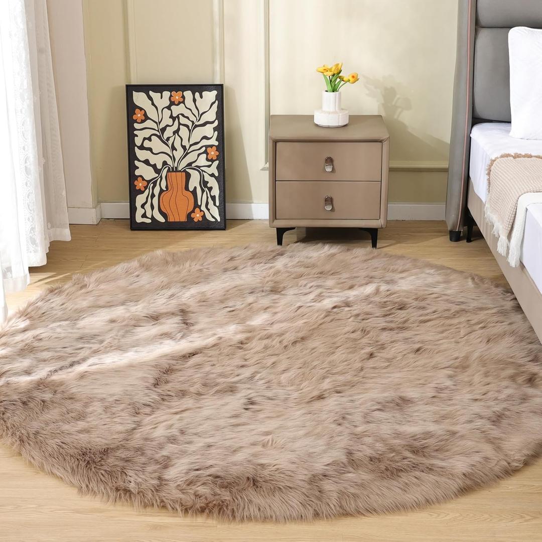 ORINOVA Beige Round Rugs 6ft Fuzzy Faux Sheepskin Washable Fluffy Fur Area Rugs for Bedroom Large Circle Nursery Living Room Shag Rug