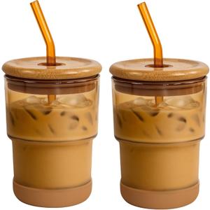 Zukro 13 oz/400ml Glass Cups with Bamboo Lid & Glass Straw, Non-Slip Bottom - Reusable Thick Wall Drinking Glasses for Iced Coffee, Tea, Water - BPA Free for Home, Office, Amber 2 Pack