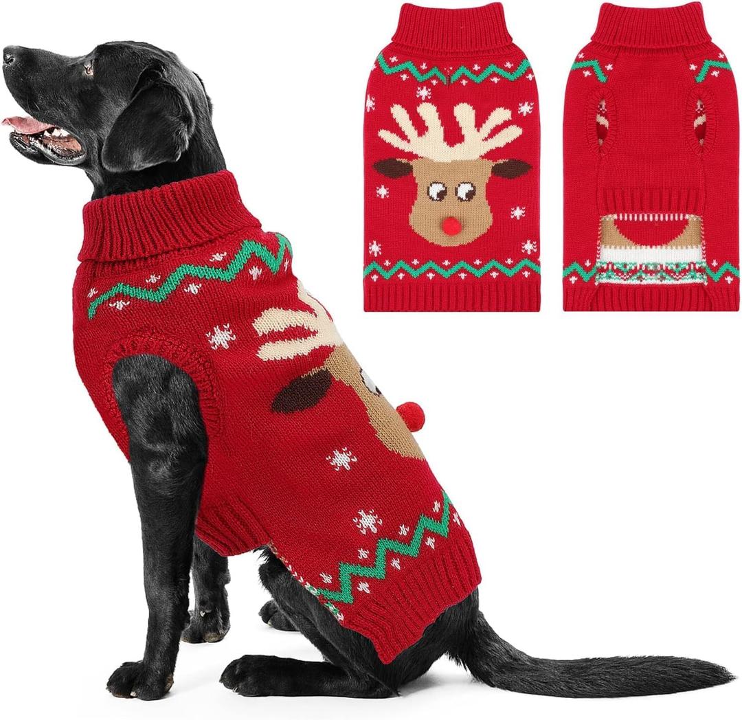 Christmas Dog Turtleneck Sweater Winter Reindeer Snowflake Sweater with Leash Hole Puppy Knitwear Pullover Holiday Sweaters for Small Medium Large Dogs XXL