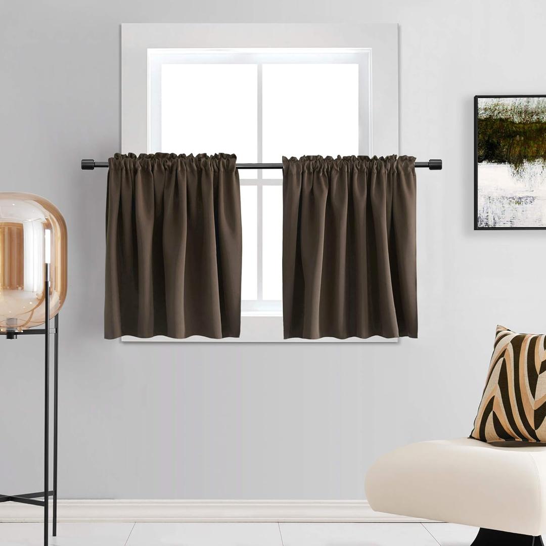 DONREN Room Darkening Half Curtains for Small Windows - Brown Valance Curtains for Cafe with Rod Pocket (30 x 36 Inch Length,2 Panels)