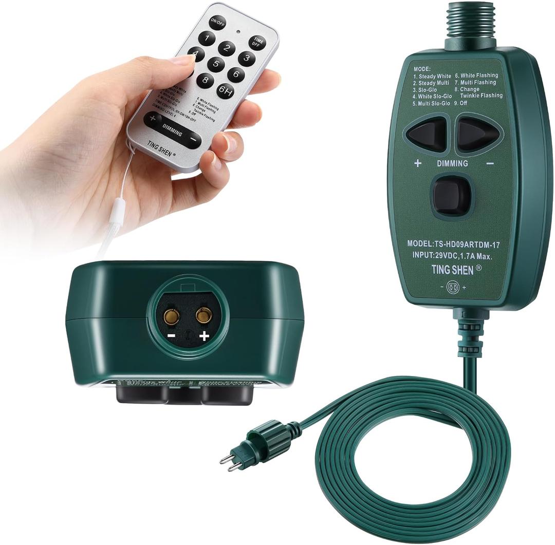 Meonum 1/2 inch Plug Extension Cord for Christmas Tree Lights, Hand Switch with 9 Light Modes Remote, Dimmable, Timer, 15 ft Power Cord Push Button Compatible with TS-8W29V TS-13W29V to TS-48W29V