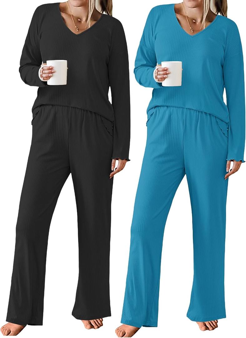 Ekouaer 2 PackWomens Ribbed Knit Pajama Set with Pockets Long Sleeve PJs V Neck Soft Loungewear Loose Matching Outfits Set Black and Lake Blue S