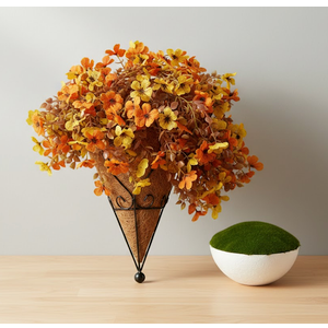 Fall Harvest Artificial Hanging Basket & Decorative Moss Ball Set – Rustic Autumn Floral Decor with Coir & Metal Cone Planter for Indoor/Outdoor Use