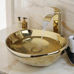 Oval Gold Vessel Sink with Faucet and Pop-Up Drain 17"x14" Bathroom Ceramic Basin Above Counter Bowl Sinks Thickened Compact Boat Shape Sinks for Small Bathrooms Vanities and Apartment Top