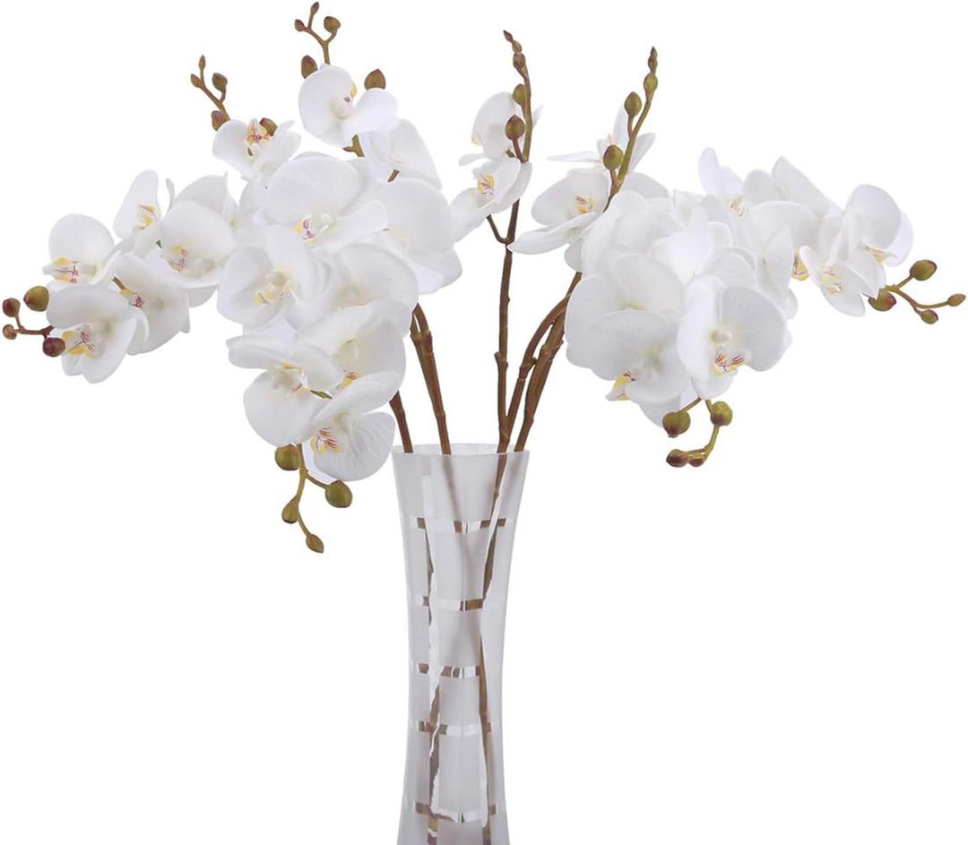 BOMAROLAN Artificial Flowers Faux Butterfly Orchid 4 Pcs Real Touch Double Branch Silk Flowers (No Vase) for Wedding Home Office Party Hotel Yard Decoration Restaurant Patio Festive Furnishing (White)