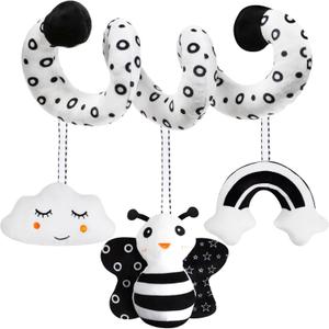 Baby Spiral Hanging Stroller and Car Seat Toys Black and White High Contrast Sensory Toy Newborn Plush Activity Toys Party Favors Quality Gifts for Baby Shower Easter Basket Stuffers -BEE