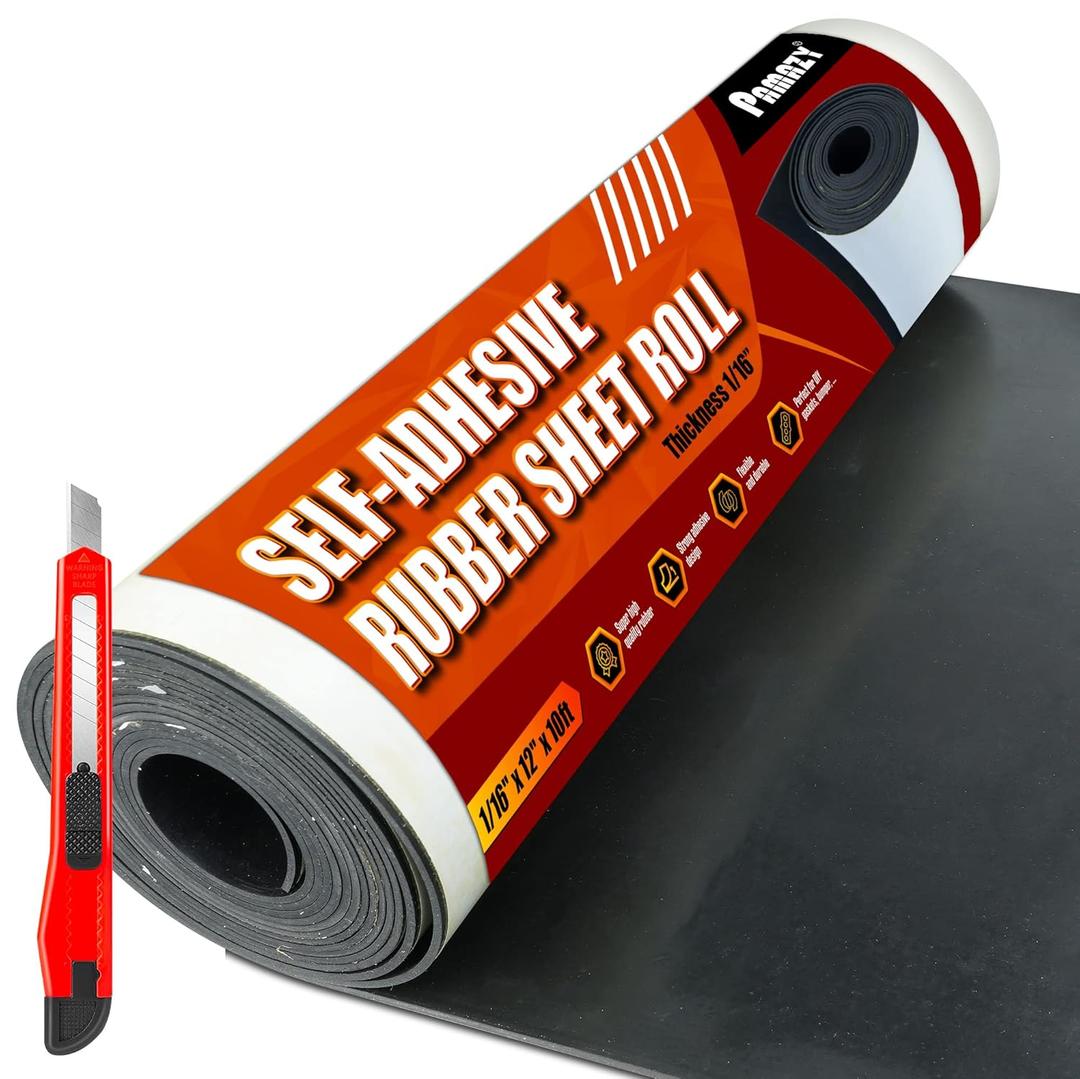 PAMAZY Neoprene Rubber Sheet Roll 1/16" Thick x 12" Wide x 10Ft Long with Adhesive Backing (Including Utility Knife), Heavy Duty Self Rubber Seal Strips Roll for DIY Gaskets, Flooring, Seals