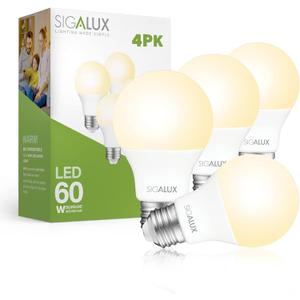 Sigalux LED Light Bulbs 60 Watt Equivalent A19 Standard Light Bulbs 2700K Warm, Non-Dimmable Energy Efficient 9.5W LED Soft White Bulb with E26 Medium Base, 800 Lumens, UL Listed, 4 Packs