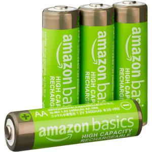 Amazon Basics Rechargeable AA Batteries, 4-Pack, 2400 mAh, NiMH High-Capacity Batteries, Recharge up to 400x Times, Pre-Charged