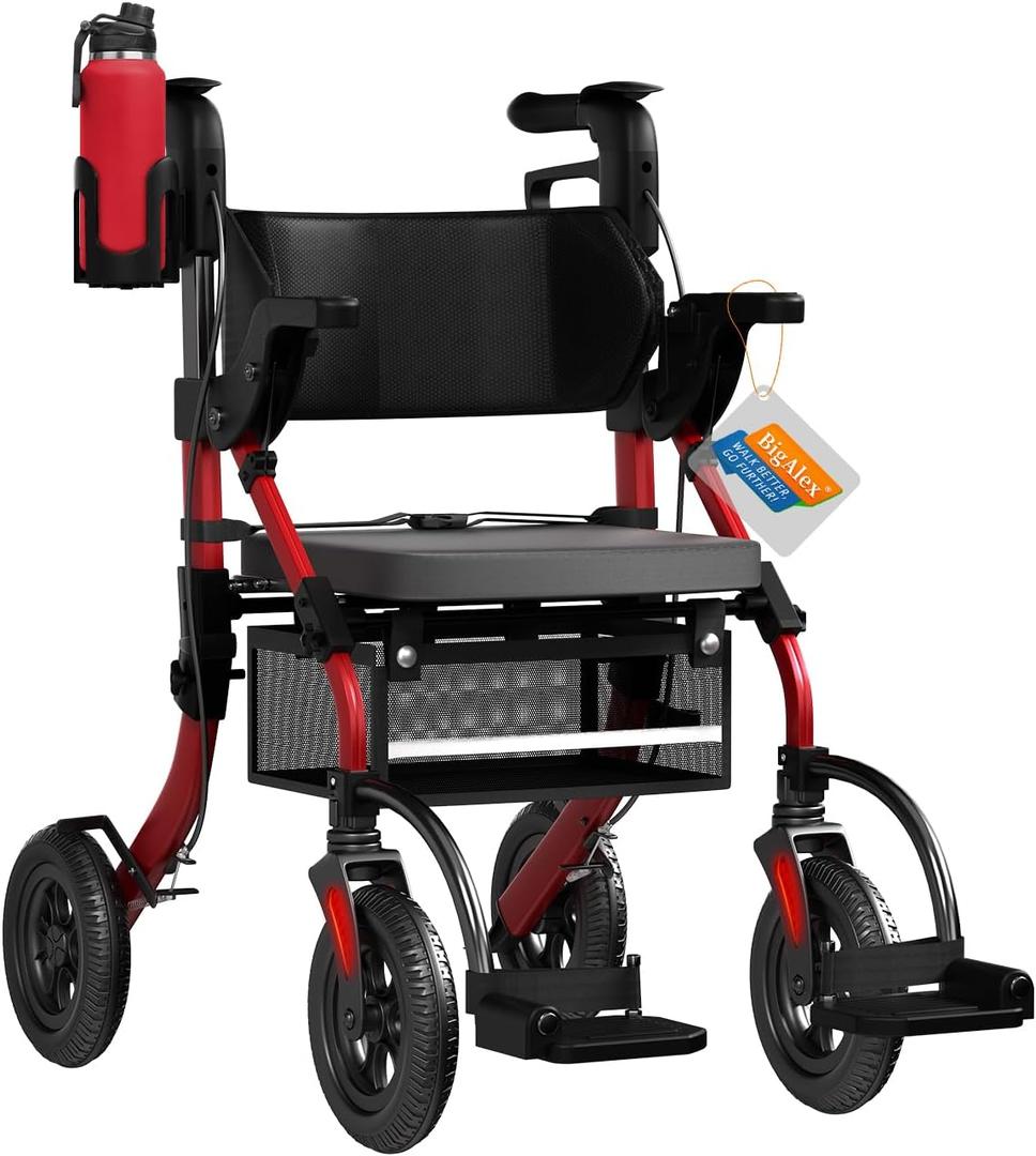 BigAlex Rollator Walker with Seat,2 in 1 Rollator Walker Transport-Wheelchair,10" All-Terrain Wheels for Outdoor & Indoor Use,Walker for Seniors with Wider Seat,Walker Wheelchair Combo-Lightweight,Red