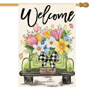 AVOIN colorlife Spring Tulip House Flag 28x40 Inch Double Sided Outside, Seasonal Flower Truck Rustic Yard Outdoor Flag
