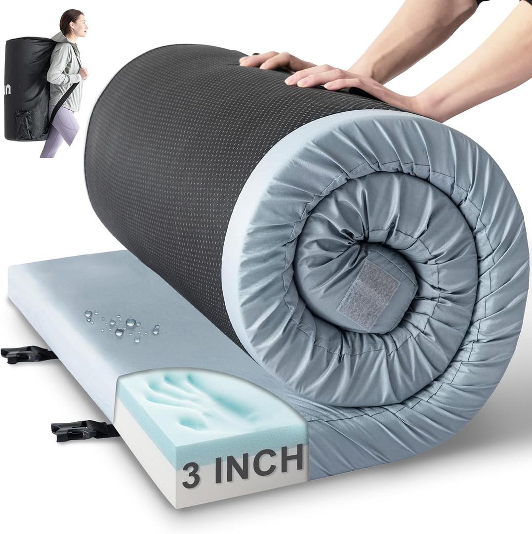 Kingfun Memory Foam Camping Sleeping Pad, CertiPUR-US Camping Mattress Waterproof Roll Up Mattress Guest Bed, Thick Floor Sleeping Mat for Car for Adults with Travel Bag, Twin 75" X 38" X 3 Inch