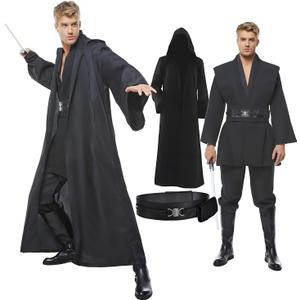 Men's Tunic Cosplay Costume Adults Outfits Halloween Robe Hooded Uniform Full Set (Medium, Black)