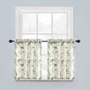 VOGOL 30 Inch Length Linen Kitchen Curtains, Green Vines Embroidered Botanical Tier Curtain Set, Light Filtering Tier Curtains for Bathroom Basement Cafe, Rod Pocket, 2 Panels
