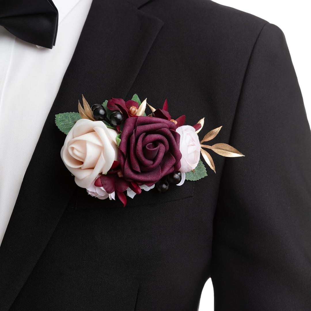 Ling's moment Pocket Boutonniere Single, Boutonniere for Men Groom for Wedding, Prom, Homecoming, Anniversary, Graduation, etc.Marsala Blush, 6" W x 5" H