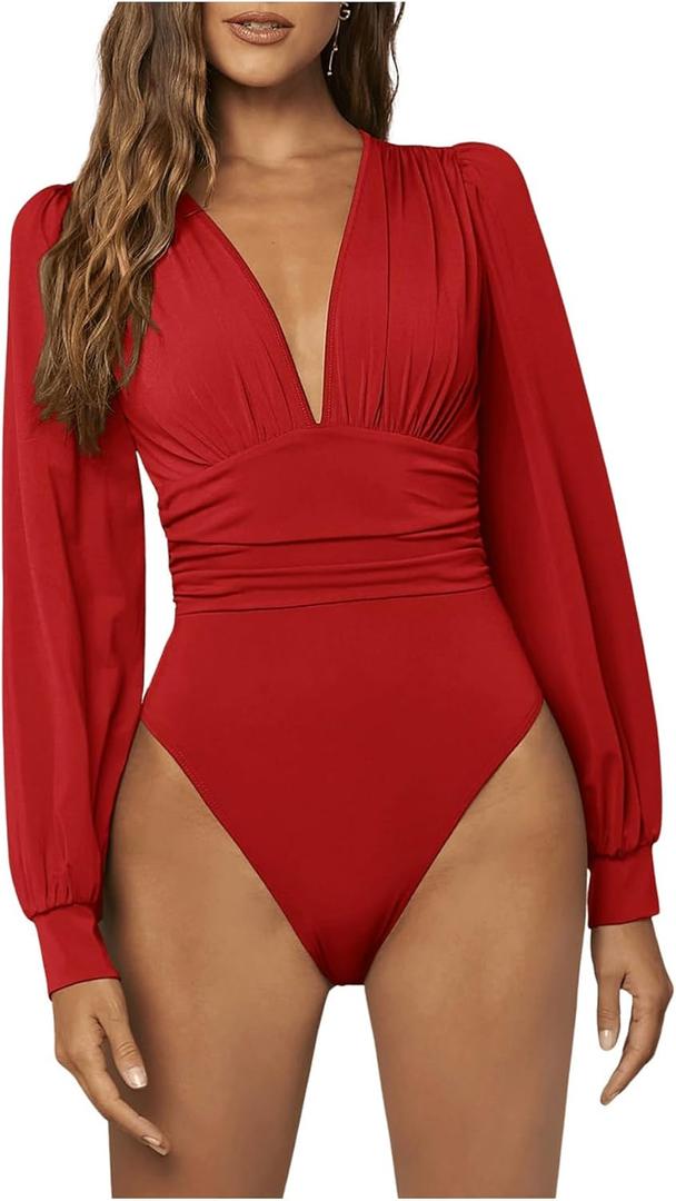 WDIRARA Women's Deep V Neck Ribbed Bodysuit Long Sleeve Skinny Bodycon Basic Bodysuit Tops (Pure Red), X-Small