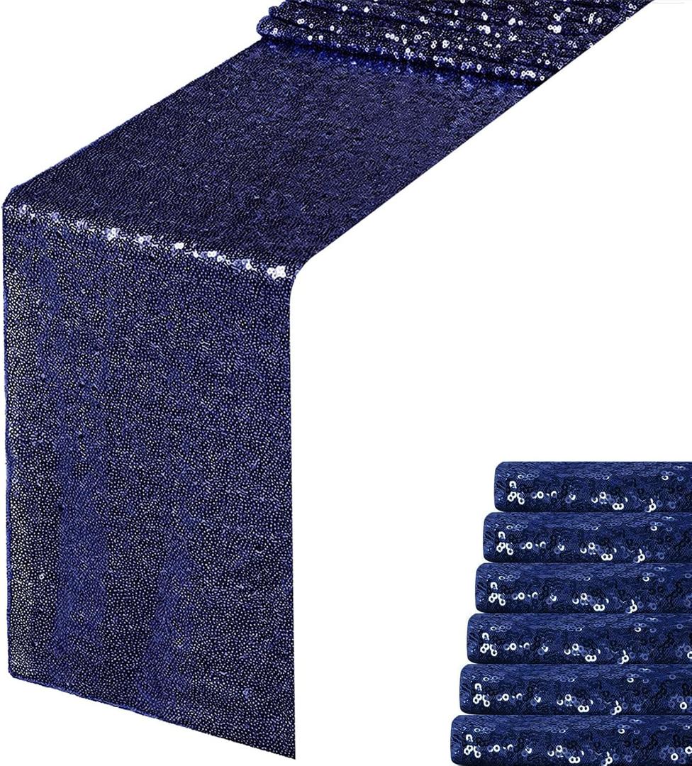 Navy Blue Sequin Table Runner 12" x 108" Pack of 6 Sequin Table Cloth Runner Glitter Table Runner for Party Decor Glitter Party Supplies Fabric for Baby Shower Event Table Decor