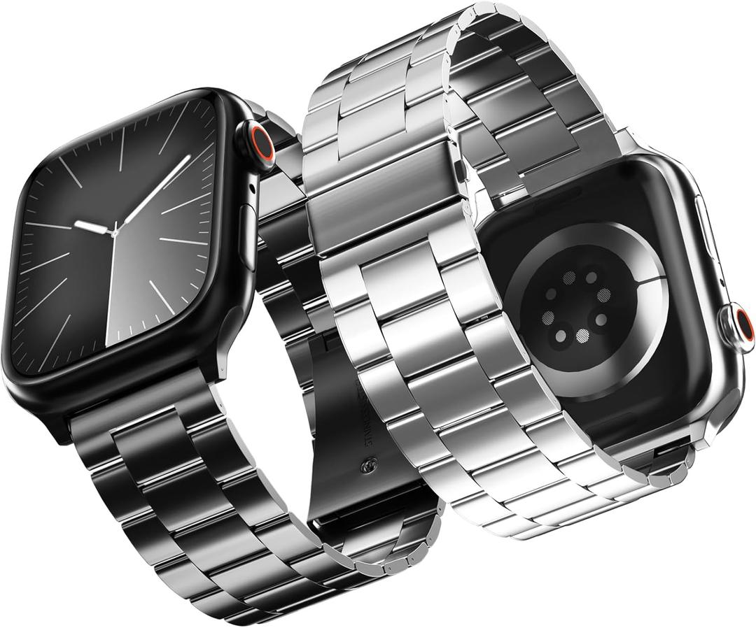 2-Pack Compatible for Apple Watch Band 49mm 46mm 45mm 44mm 42mm, Rugged Stainless Steel Replacement Strap Metal Bands for iWatch Ultra 2/1 Series 10/9/8/7/6/5/4/3/2/1/SE/SE2 Women Men (Black+Silver)