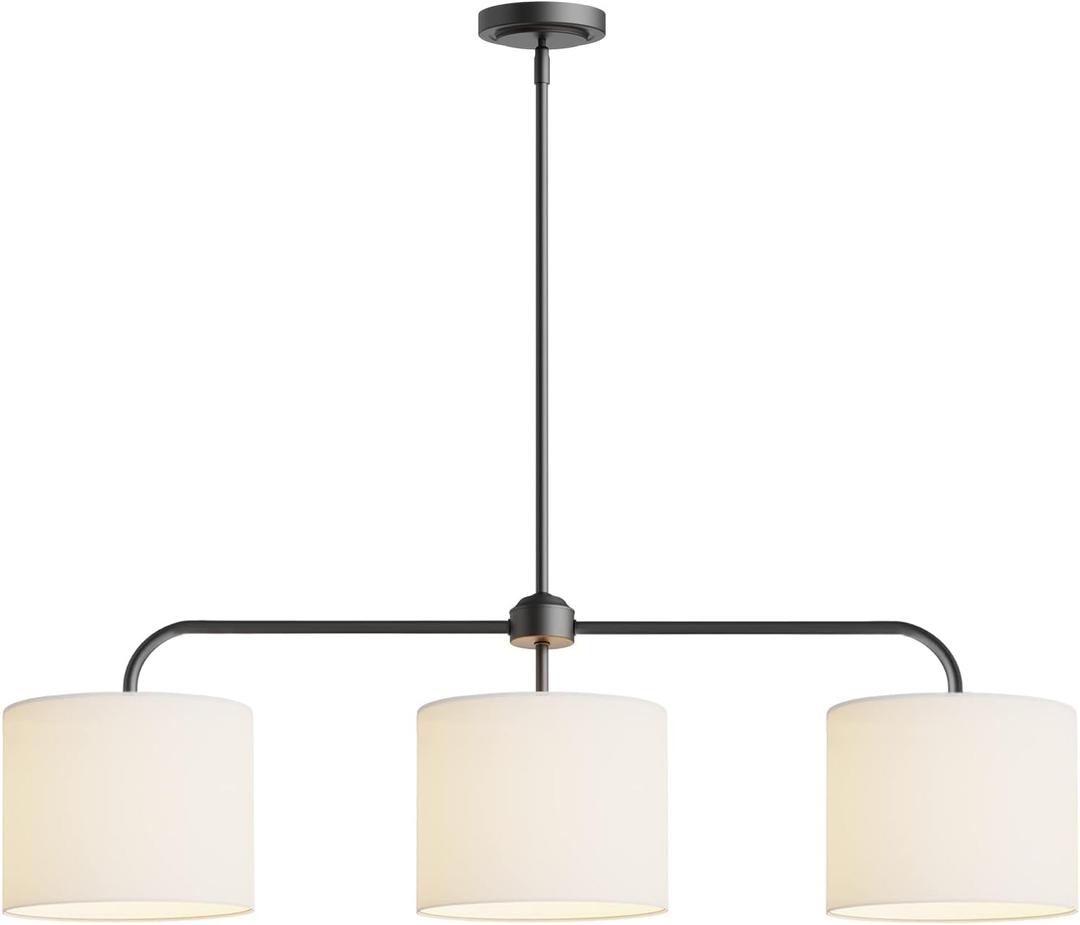 Electro bp;40" W 3-Light White Linen Drum Shade Chandelier with Black Metal Linear Pendant Light Fixture for Kitchen Island,Dining Table,E26,180W;