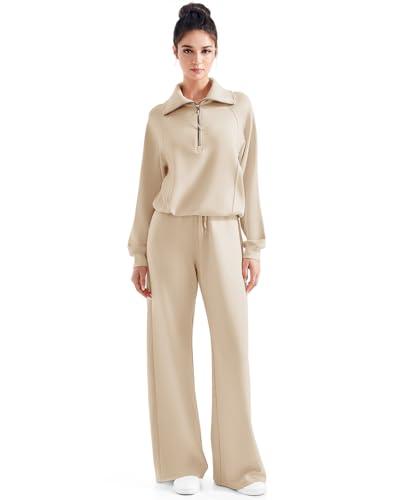 SUUKSESS Women 2 Piece Lounge Matching Sets Wide Leg Sweatpants Half Zip Oversized Sweatshirts (Khaki, M) SUUKSESS Women 2 Piece Lounge Matching Sets Wide Leg Sweatpants Half Zip Oversized Sweatshirts (Khaki, M)