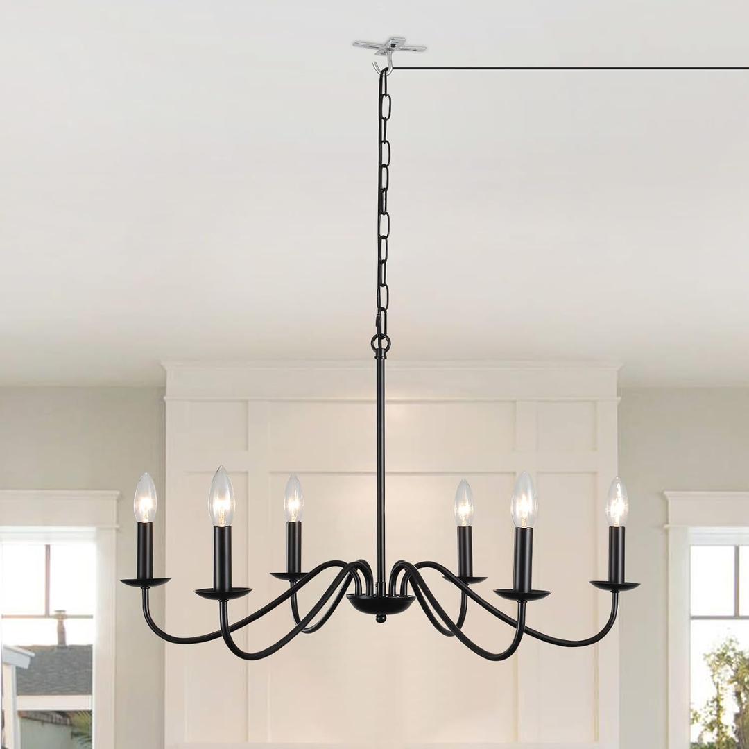 Plug in Chandelier, 6 Lights Black Rustic Chandeliers for Dining Room, Modern Farmhouse Chandelier Hanging Light Fixture with Switch for Living Room, Foyer, Bedroom, Kitchen Island