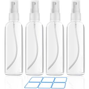4 Pack 3.4 Oz (100ml) Small Spray Bottles, TSA Approved Travel Bottles for Toiletries with Labels - Fine Mist, Refillable, Reusable, Leak Proof