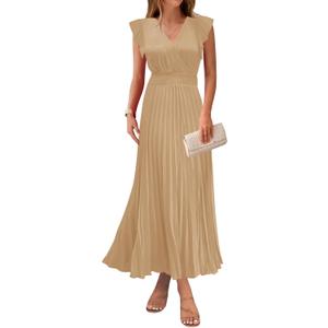 KIRUNDO Women's Summer Maxi Dresses Elegant V Neck Ruffle Flutter Sleeves Empire Waist Pleated Flowy Wedding Guest Dress (L)
