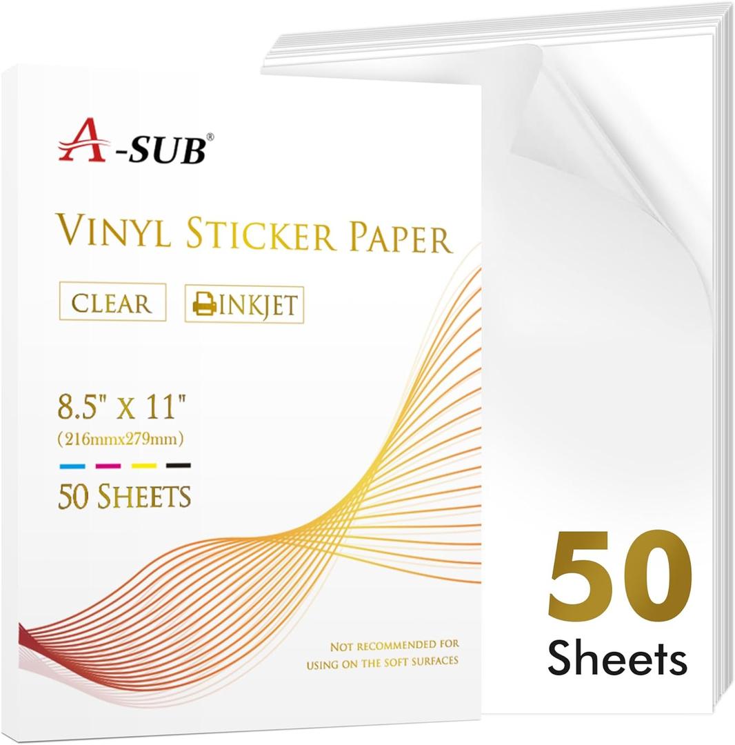 A-SUB Clear Sticker Paper for Inkjet Printers, Waterproof Translucent Printable Vinyl Sticker Paper - 50 Sheets 8.5x11 Inch Glossy Clear Label Paper for Custom Decals