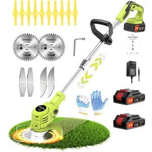 Electric String Trimmer 21V 650W 6000 RPM Cordless Grass Trimmer with 2 Batteries 2.0Ah, Green, Modern Style (Type A lawn mower)