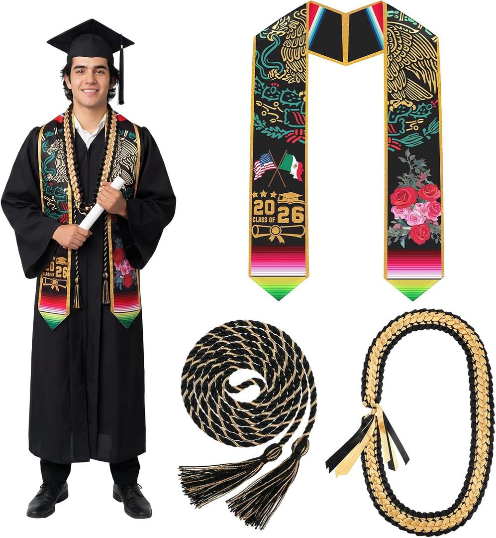 Moucuny 3 Pcs Graduation Stole Set Philippines Mexican Embroidered Country Flag Graduation Sash Stole Royal Blue Honor Cords