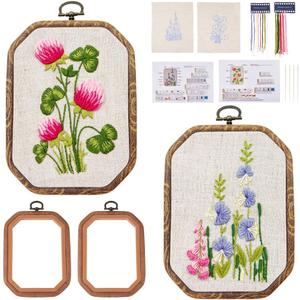 Elecrelive 2 Sets Flower Embroidery Starter Kit for Beginners Adults Stamped Cross Stitch Kits 2 Embroidery Hoops & Fabric & Threads & Needles