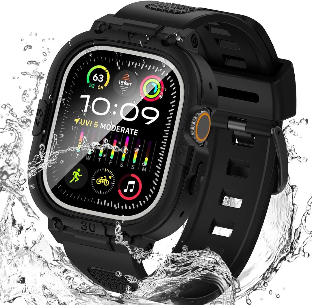 Goton 3 in 1 Waterproof Case with Band for Apple Watch with Built-in Tempered Glass Screen Protector 49mm, 360 Shockproof Bumper Face Cover with Band for Apple Watch Ultra 3/Ultra 2/Ultra, 49mm (Matte Black)