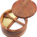 Acacia Wood Salt and Pepper Bowl, Nature Wood Salt Cellar and Spices Storage Box With Built-in Spoon and Magnetic Swivel Lid (Two Compartments 12 oz)