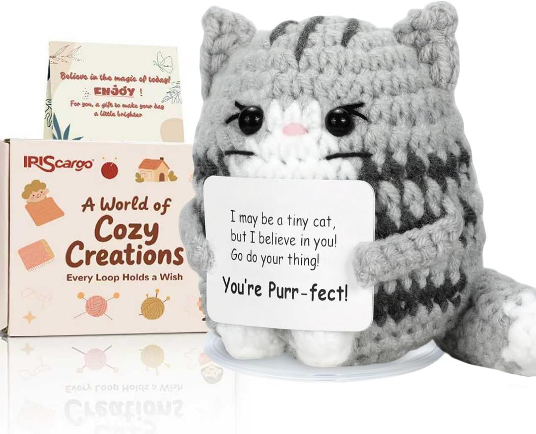 Positive Crochet Cat Animal,Christmas Birthday Gifts for Women MenStocking Stuffers Thanksgiving Basket Decor Son Daughter Grandma Friend Coworkers Self Care Gift Emotional Inspirational Support