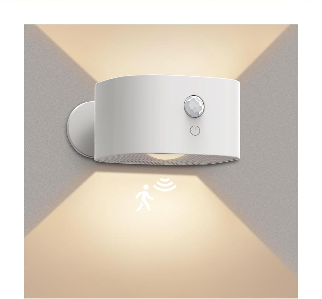 Motion Sensor Wall Light Indoor, Battery Operated Sconce 360Rotate, Rechargeable Cordless Night Light, Touch Dimmable 3 Brightness, UP Down LED Wall Lamp for Stairs, Closet, Bedroom, Bathroom