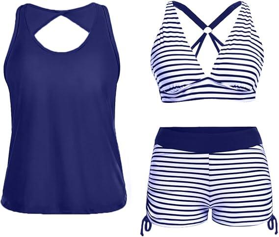 Yonique 3 Piece Tankini Swimsuits for Women Swim Tank Top Bathing Suits with Boy Shorts and Bra Athletic Swimwear Blue White Stripe S