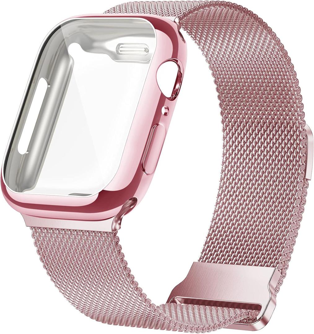 Geoumy Metal Magnetic Bands Compatible for Apple Watch Band 44mm with Case, Stainless Steel Milanese Mesh Loop Replacement Strap Compatible with iWatch Series 10-1 SE Women Men, Rose Rose Pink