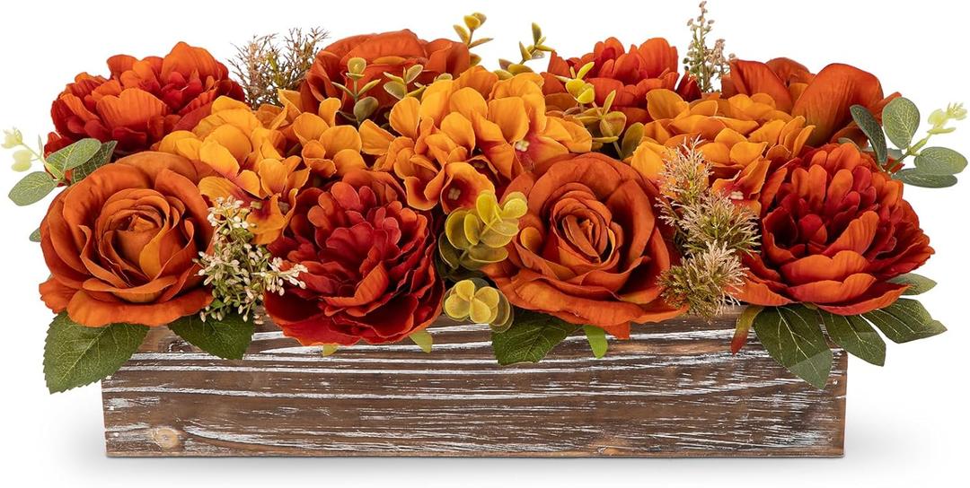 DILATATA Flower Arrangement with Wooden Vase 14" Artificial Flowers in Pot - Fake Flowers Roses Peonies Hydrangeas in Wooden Vase Potted Flower Centerpieces for Table Decor Living Room - Dried Orange
