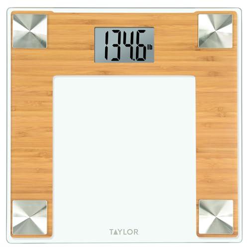 Taylor Digital Bath Scale for Body Weight, Bathroom Scale with Durable Glass Platform, 400 lb Capacity, Natural Bamboo and Spun Stainless Steel Accents