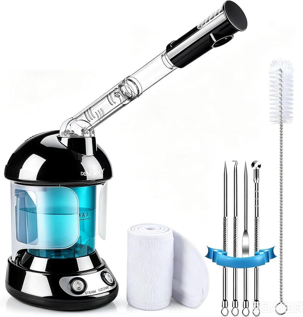 Facial Steamer - DENFANY Nano Ionic Face Steamer with Extendable 360 Rotating Arm - Portable Facial Steamer for Personal Care at Home or Salo Black