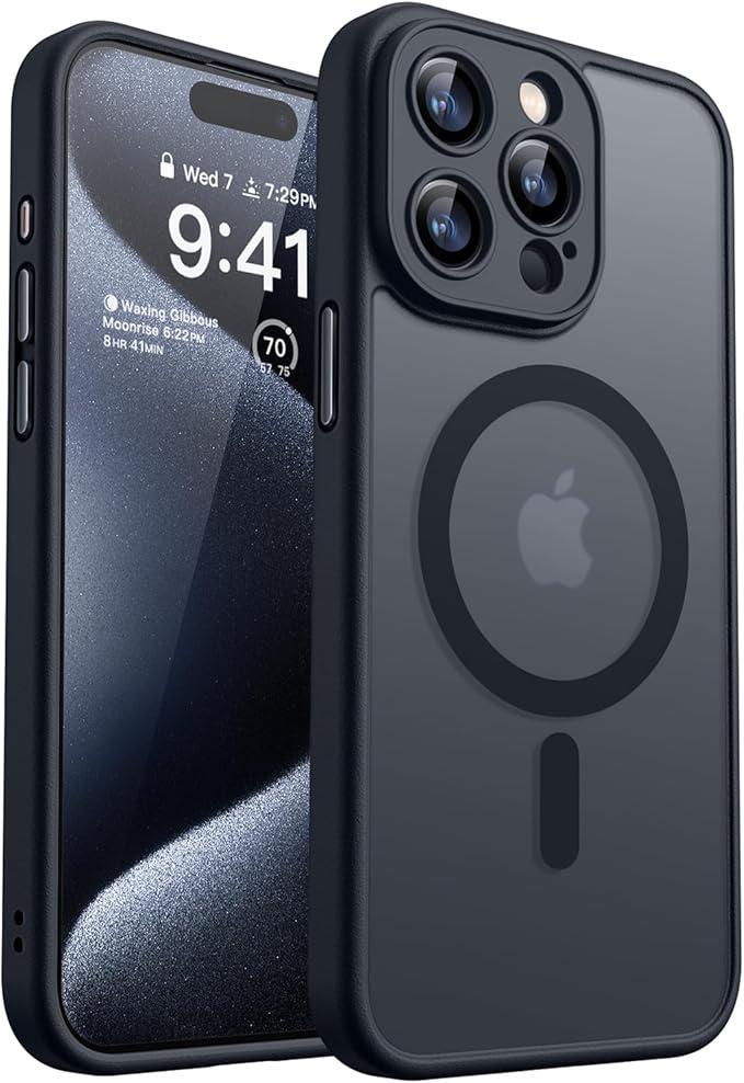 CANSHN Magnetic Compatible with iPhone 15 Pro Case, Upgraded [Full Camera Protection] [Compatible with Magsafe] [Translucent Matte] Shockproof Protective Phone Case Cover 6.1 Inch - Black