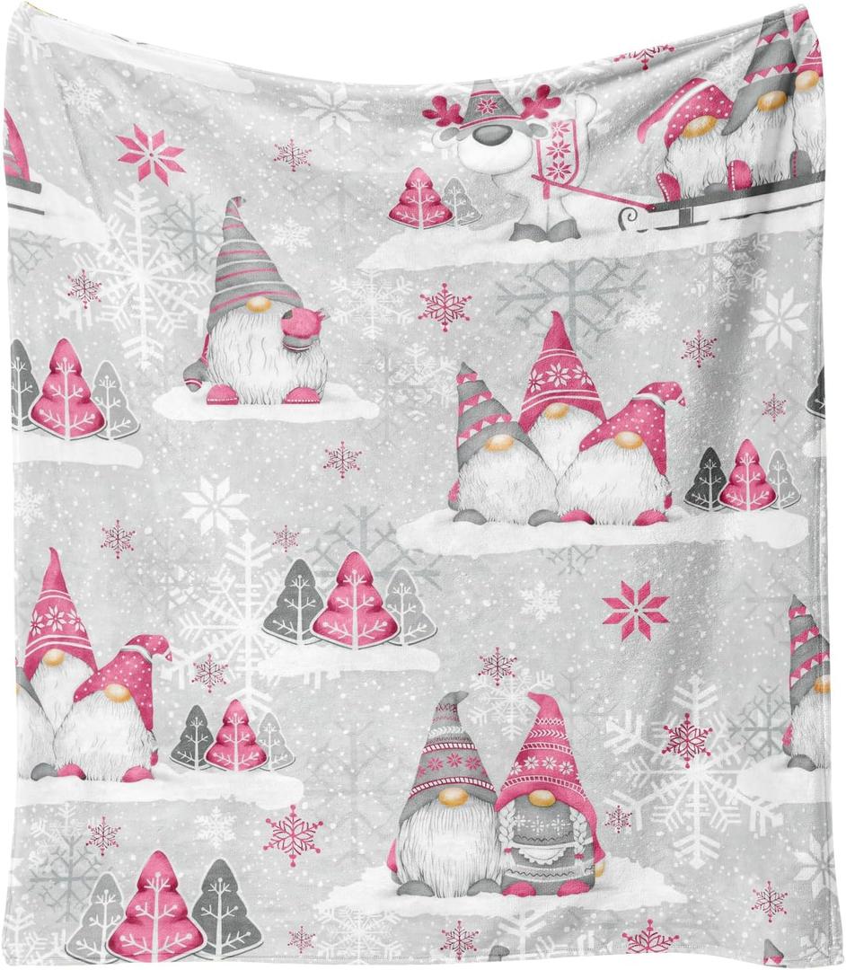 Christmas Throw Blanket 60"x50",Winter Gray Pink Gnome Xmas Holiday Festival Blanket for Women Men,Soft Cute GIFS Flannel Fleece Throw for Home Living Room Bed Chair Couch Decor