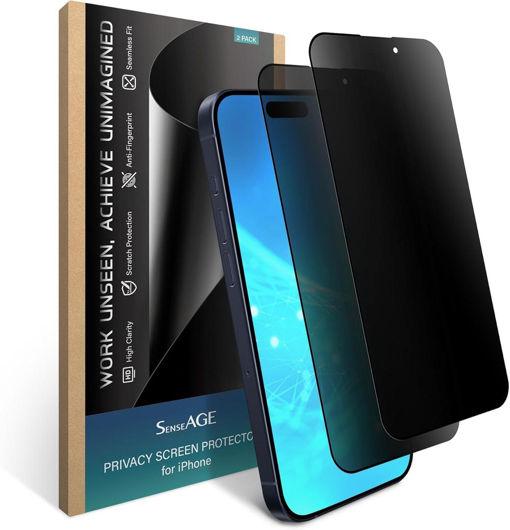SenseAGE 2 Pack Privacy Screen Protector for iPhone 15 Pro, Anti Spy & Scratch 9H Tempered Glass Flim, HD Protector, with Easy Installation, Case Friendly Phone Accessories, Compatible with iPhone 15 Pro (6.1 Inch)