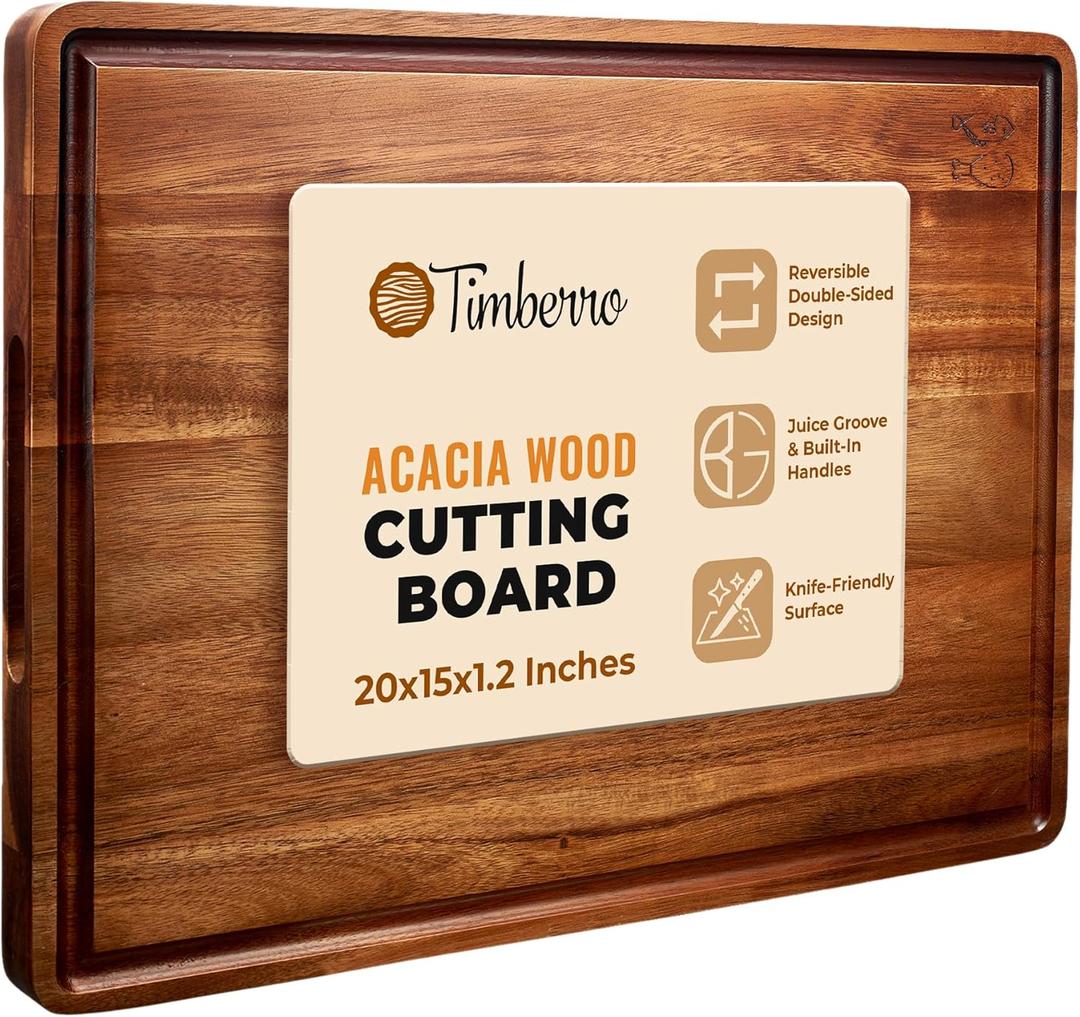 Acacia Wood Cutting Board - Large Thick Edge Grain Wooden Chopping Boards for Kitchen, Giant XL Organic Hardwood Carving Block for Raw Meat, Natural Butcher Blocks with Deep Juice Well