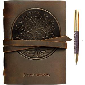 Leather Bound Journal for Men and Women, Handmade Gift Set with Tree of Life Embossed Journal and Stylish Pen, Vintage and Classic, Notebook, Sketchbook, Planner and Diary (300 Pages) (8x6")