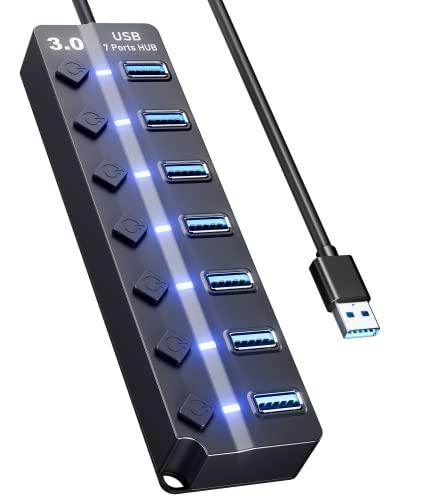 USB Hub 3.0, Eanetf 7 Port USB hub with LED Individual On/Off Switches and Extended Long Cable for MacBook, Mac Pro, Mac mini, iMac, Surface Pro, XPS, PC